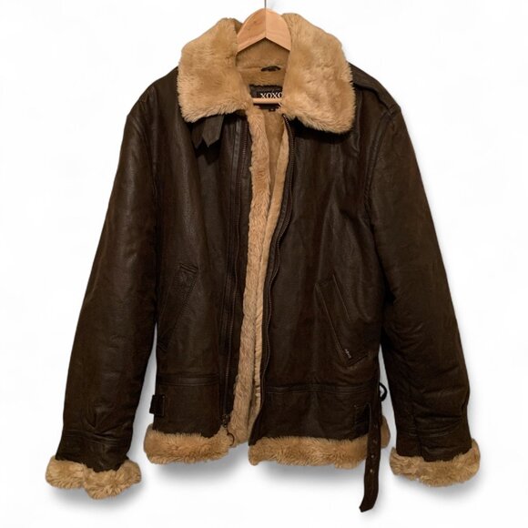 XOXO Women's Bomber Leather Jacket Brown Faux Shearling Lining & Trim Sz M Boho - Picture 1 of 12